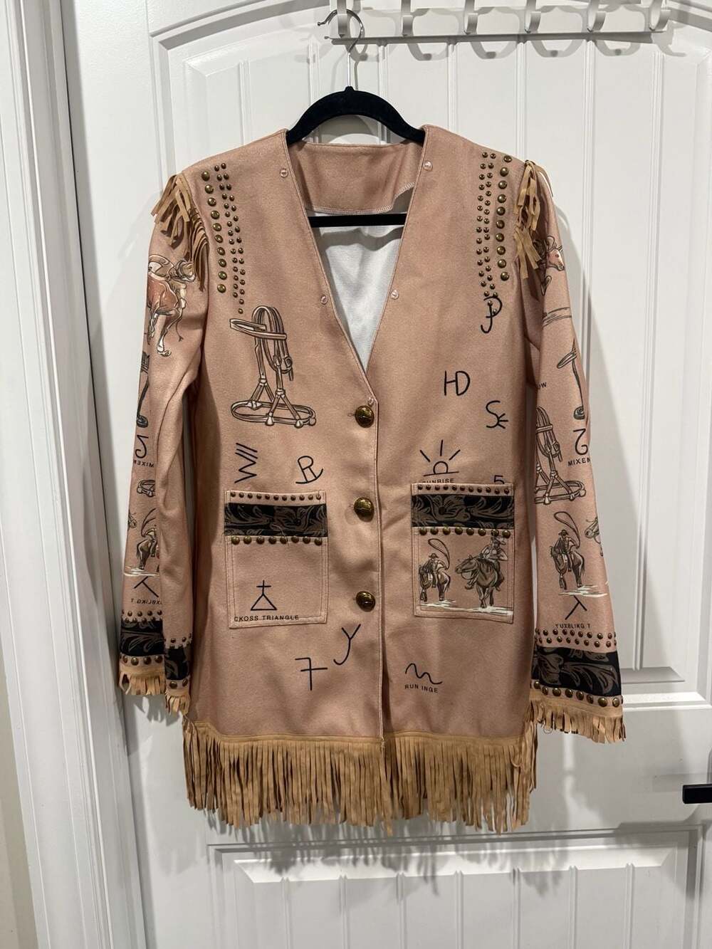 Western Fringe Studded Cowboy Ranch Print Jacket Coat Tan Boho Y2K - Picture 2 of 7